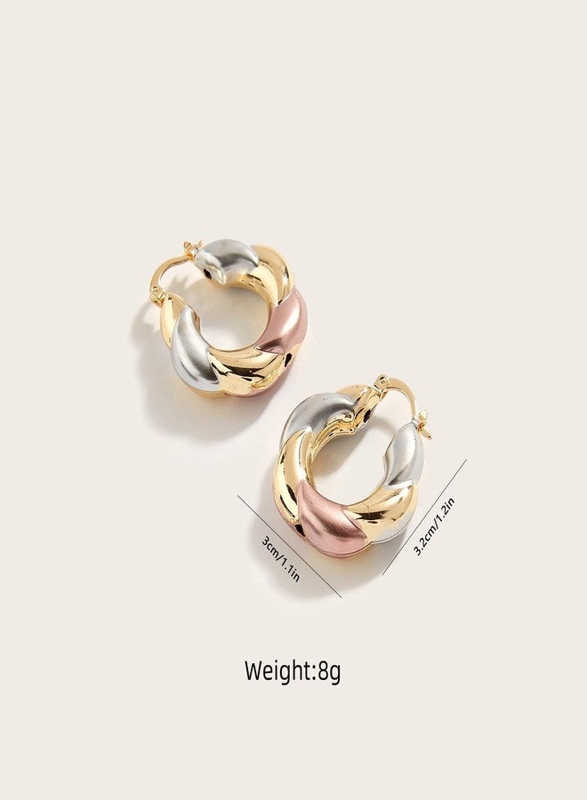 disclean Women's Tri Color Twisted Hoop Earrings - Gold Silver and Rose Gold Tone Trendy Statement Earrings - Image 3